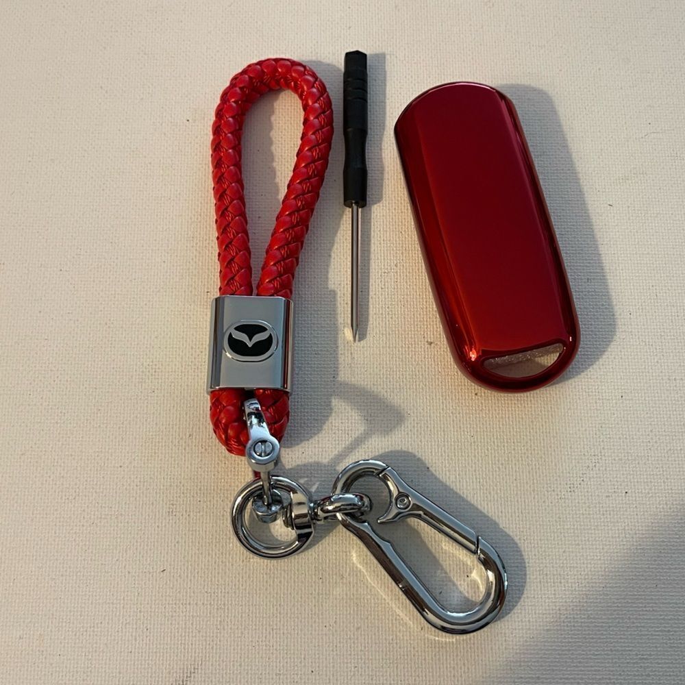 Mazda Key Fob Keychain in Red Leather & Fob Case Cover in Red NWT